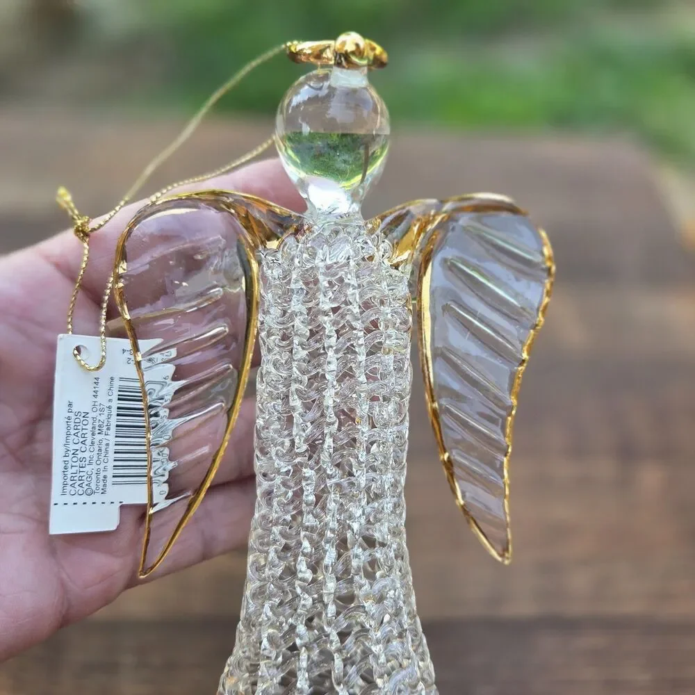 Carlton Cards Set of 2 Hand-Blown Glass Angel Ornaments with Gold Accents
